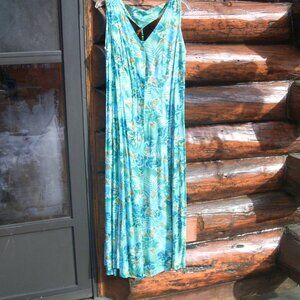 Like New Vintage Bahama Beach Floral Turquoise Sleeveless Maxi Dress SZ M